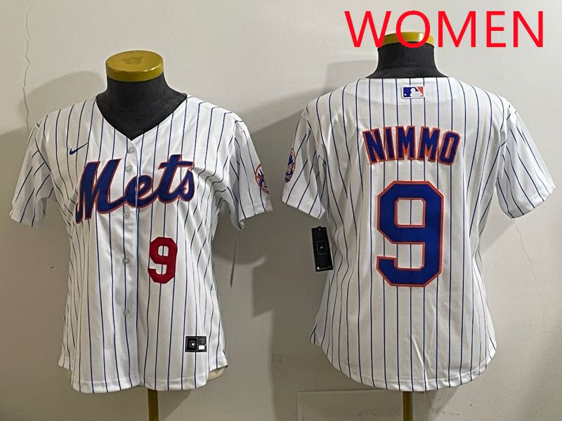 Women 2025 New York Mets #9 Nimmo White Stripe Game Nike MLB Jersey style 2